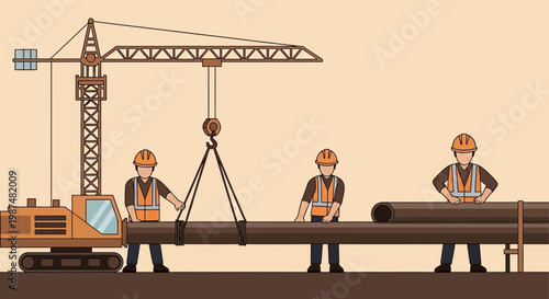 Construction Crew and Crane Lifting Heavy Objects in a Construction Site Illustrative Graphic