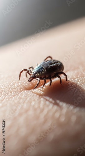 Tick crawling on human skin. Macro close up of Ixodida parasite creating risk of lyme disease and encephalitis. Medical danger and insect bite prevention concept for public health safety.