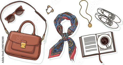 Fashion accessories collection with handbag, sunglasses, scarf, shoes and jewelry, stylish vector illustration set for lifestyle, outfit planning and modern fashion design