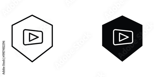 Contrasting play button icons in hexagonal shapes with different background colors