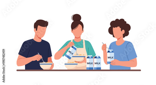 Young People Making Breakfast with Milk and Cereal