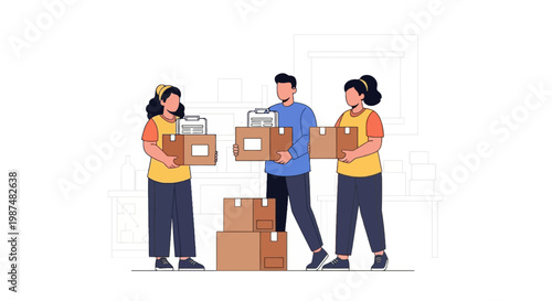 Team Members Handling Moving Boxes in Warehouse