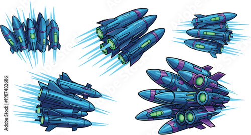 Futuristic spaceship fleet collection with sci fi aircraft and dynamic motion effects, detailed vector illustration set for space games, technology and science fiction design