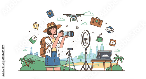Female travel content creator filming with professional camera and drone