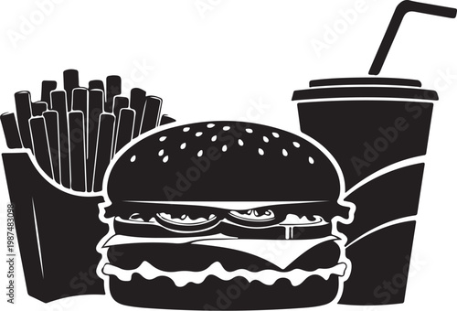 Black and white fast food icons, burger, fries, soda cup, vector illustration, foodie, restaurant, takeout