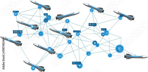 Global drone network illustration with connected UAVs and data nodes, modern vector design representing surveillance, delivery systems, communication and advanced technology concepts