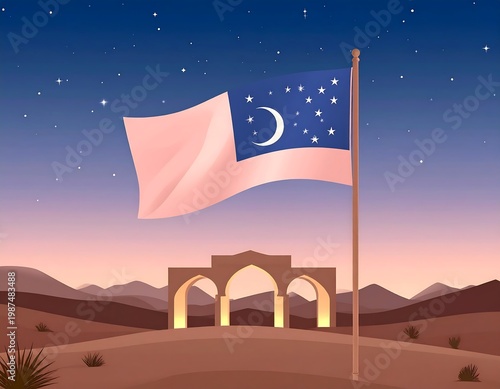 A flag flies over a desert archway at twilight