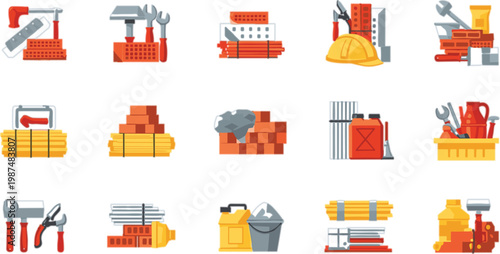 Construction tools and materials vector icons set including bricks helmet cement mixer scaffolding equipment building industry flat illustration collection