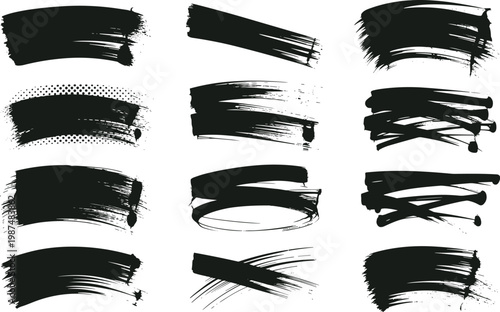 Abstract black ink splatter brush strokes on white background for creative design elements