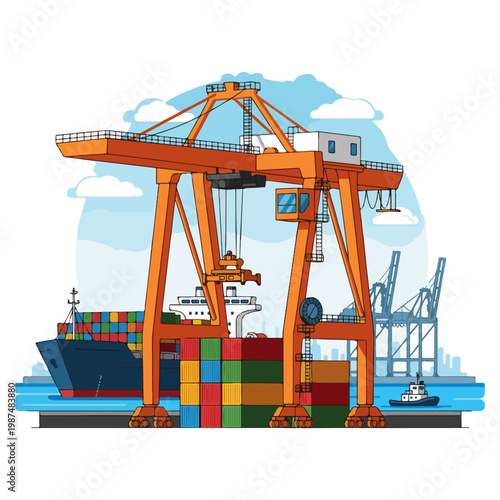 Port Cargo Gantry Crane Container Terminal Vector Illustration