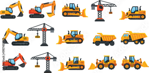 Construction vehicles and heavy machinery vector set featuring excavators, cranes, bulldozers, loaders and dump trucks in flat design illustration