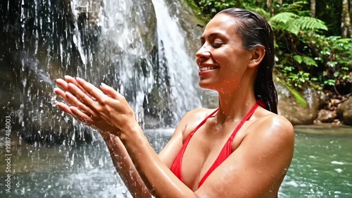 Woman in a red bikini rinsing under a tropical waterfall. Smiling female catching cascading water in her hands in a lush green jungle. Summer vacation and travel adventure