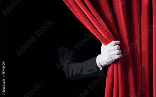 Mysterious magician pulling red velvet curtain on dark stage for dramatic reveal