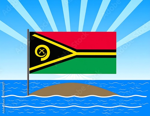 A flag of the island nation, set against a backdrop of a sunlit ocean