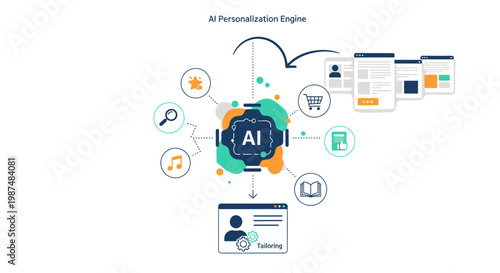 AI personalization engine infographic with user data and interface icons