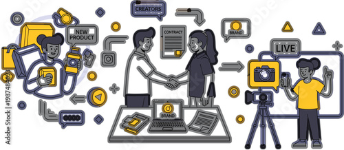 Content creation collaboration and video production workflow with creators filming editing and publishing digital media vector illustration modern creative studio concept