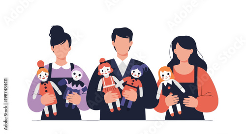 Diverse Group of People Holding Dolls and Reading Book in Casual Setting