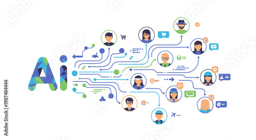 Artificial intelligence network connecting diverse people in flat design style