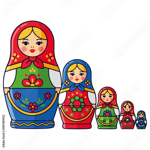 Traditional Russian Matryoshka Dolls Flat Vector Illustration