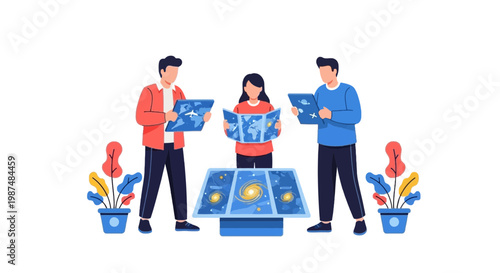 Astronomy Enthusiasts Exploring Space Maps and Models