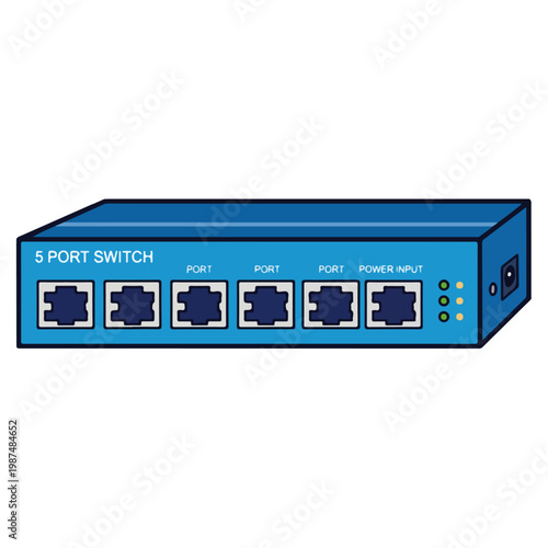 5 Port Ethernet Network Switch Flat Vector Illustration