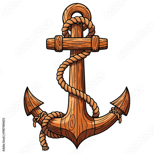 wooden ship anchor with rope nautical vector illustration template