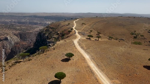 Aerial view of winding dirt road on arid plateau by canyon. Wadi Dirhur, Sokotra, Yemen.