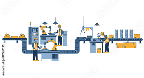 Automated factory assembly line with workers and industrial robots