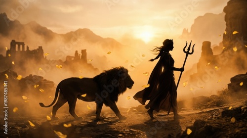 Divine Goddess Durga with Lion in Majestic Golden Landscape