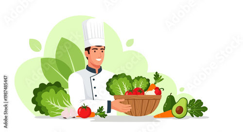 Chef presenting fresh vegetables in a basket at a kitchen counter