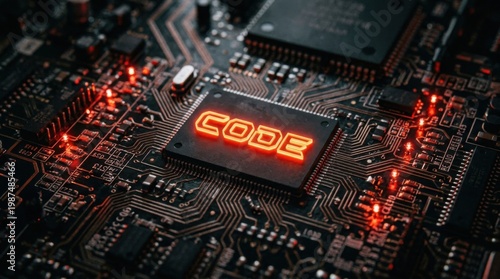 Macro View of Motherboard CPU with Illuminated Red Code Text