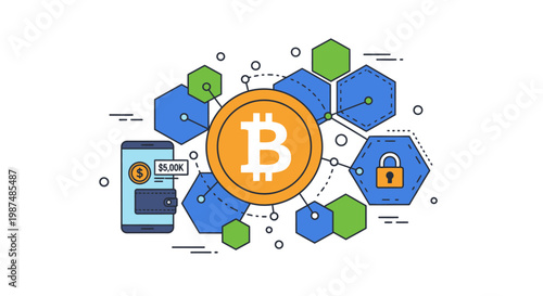 Bitcoin coin and smartphone wallet with secure blockchain concept