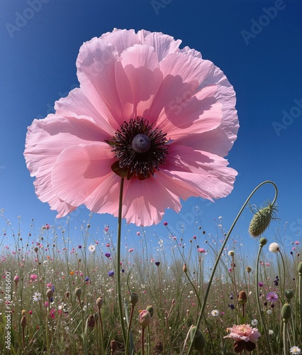 Delicate pink poppy flower in a sunny meadow against blue sky, soft light, natural beauty, spring or summer landscape, calm and serene floral scene.