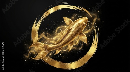 Elegant Golden Koi Fish Swimming in a Circular Golden Splash