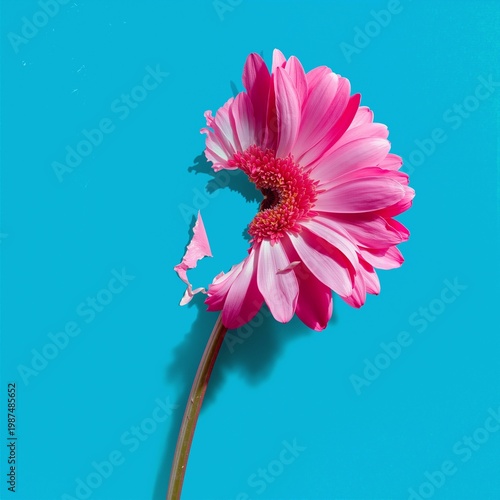 Pink flower with broken petal on blue background, minimal floral composition, vibrant colors, modern aesthetic and delicate beauty with a subtle imperfection concept.