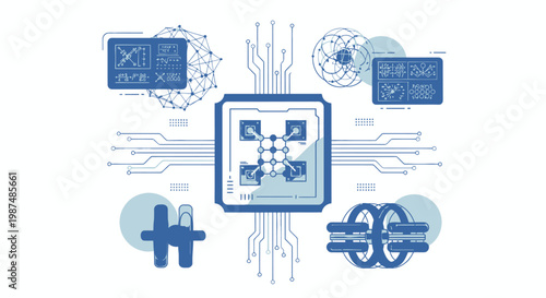Blue minimalist quantum computer processor and technology circuit diagram