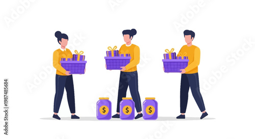 Three people exchanging gift baskets with money and bags of cash