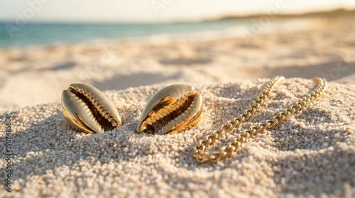 Golden Sea Shells and Pearl Necklace on Sunny Sandy Beach
