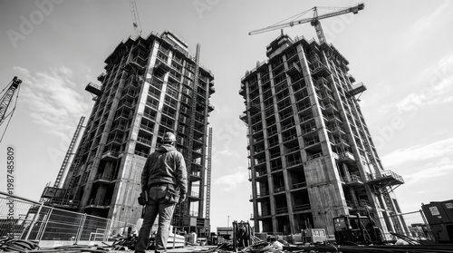Black and White View of Construction Worker Looking Up at Skyscrapers