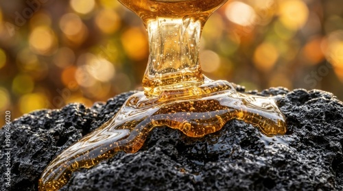 Golden Honey Dripping Over Dark Textured Stone in Sunlight
