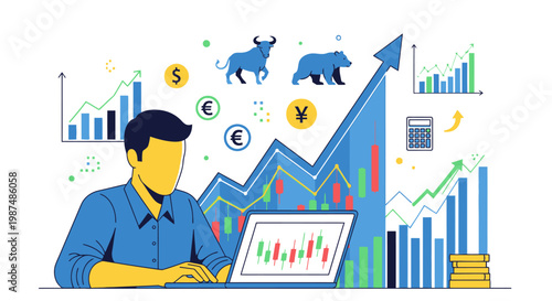Businessman analyzing stock market data on laptop with growth charts