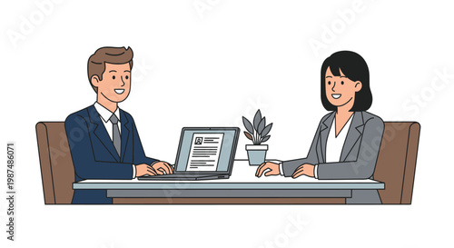 Businessman interviewing female job candidate with laptop in office