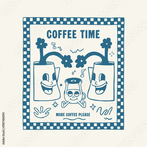 coffee retro groovy cartoon character illustration