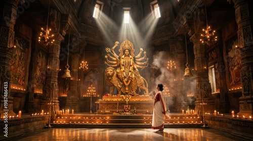 Sacred Temple Interior with Worshipper Before Golden Statue of Goddess Durga