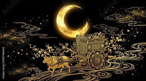 Ornate Golden Chariot Illustration with Crescent Moon and Waves