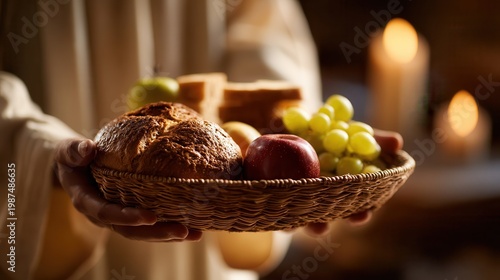 hands holding bread and fruits as offering in church