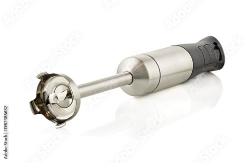 Immersion Hand Blender Isolated on White. Stainless Steel Hand Held Stick Blender. Modern Kitchen Blade Grinder. Electric Kitchen Small Appliances.