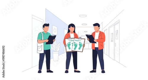 Researchers Analyzing Scientific Data in a Laboratory Corridor