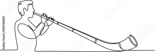 Alphorn in continuous one line drawing. Musician standing playing long traditional horn, Minimalist concept.one line drawing vector illustration