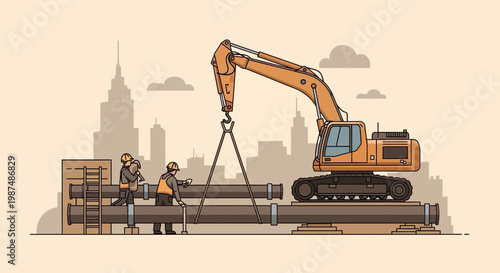 Construction Crew and Excavator Teamwork, Urban Infrastructure, Pipeline Installation Illustration